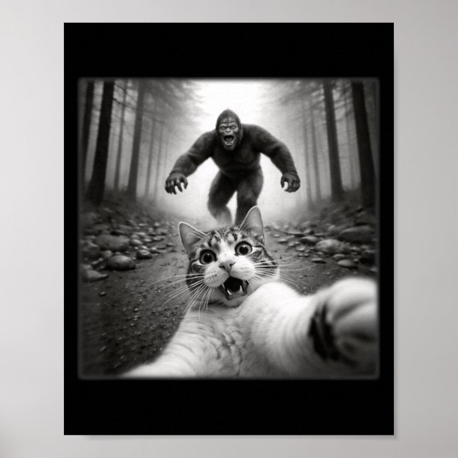 Funny Surprised Scared Cat Selfie with Sasquatsch Poster (Front)