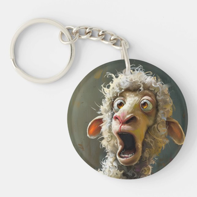 Funny Surprised Sheep Whimsical Animal Expression Key Ring (Front)