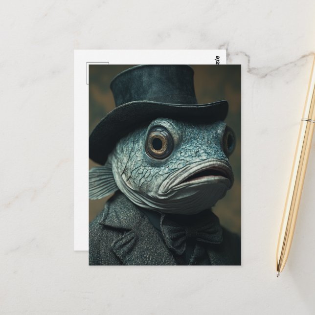 Funny Surreal Fish in a Suit Postcard (Front/Back In Situ)