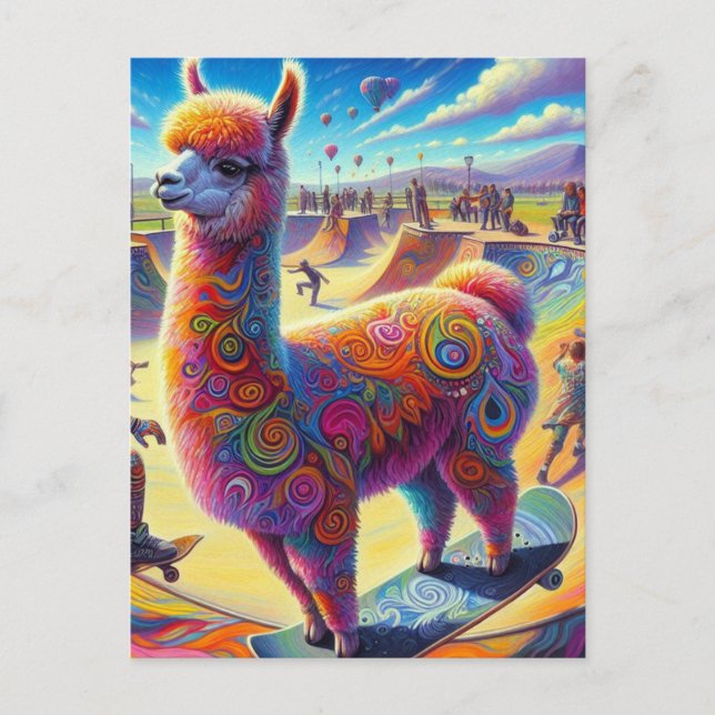 Funny Surreal Llama Skateboarding Postcard (Front)