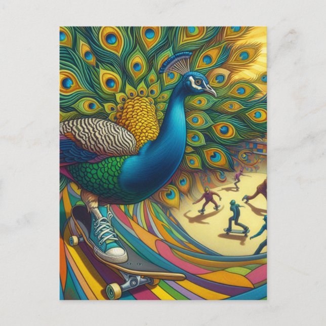 Funny Surreal Peacock Wears Tennis Shoe Skateboard Postcard (Front)