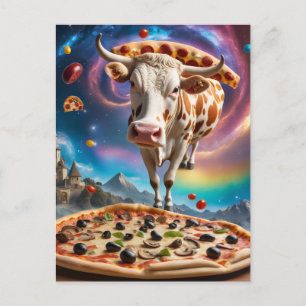 Funny Surreal Pizza Cow Colourful Collage Postcard