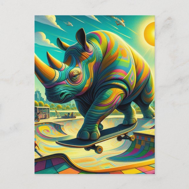 Funny Surreal Rhino Skateboarding Postcard (Front)