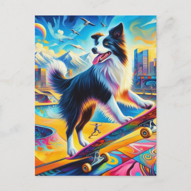Funny Surreal Skateboarding Border Collie Postcard (Front)