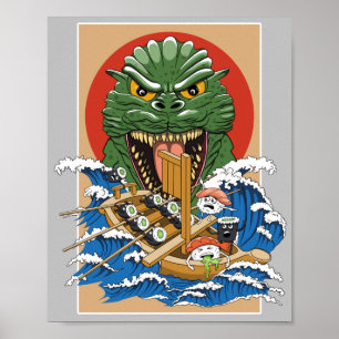 Funny Sushi Lover Monster Cartoon Illustration Poster