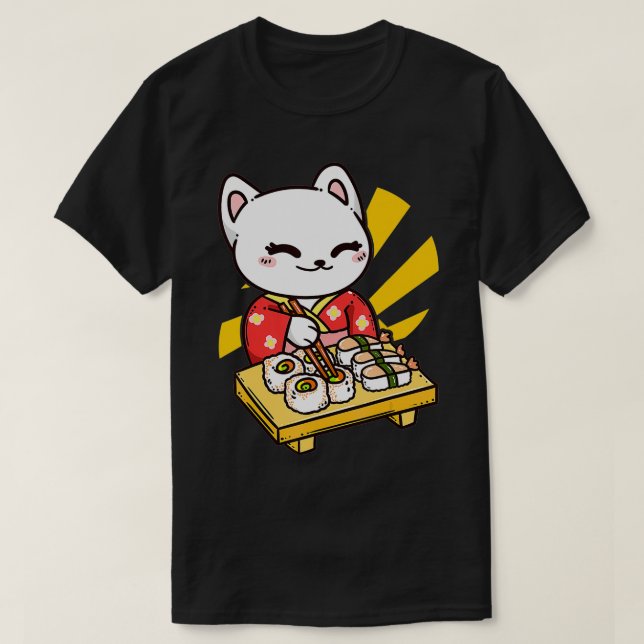 Funny Sushi Roll Sashimi Cat Neko Kitten Japanese  T-Shirt (Design Front)