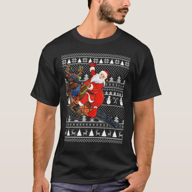 Funny Swallow Bird Lover Santa Riding Swallow Ugly T-Shirt (Front)
