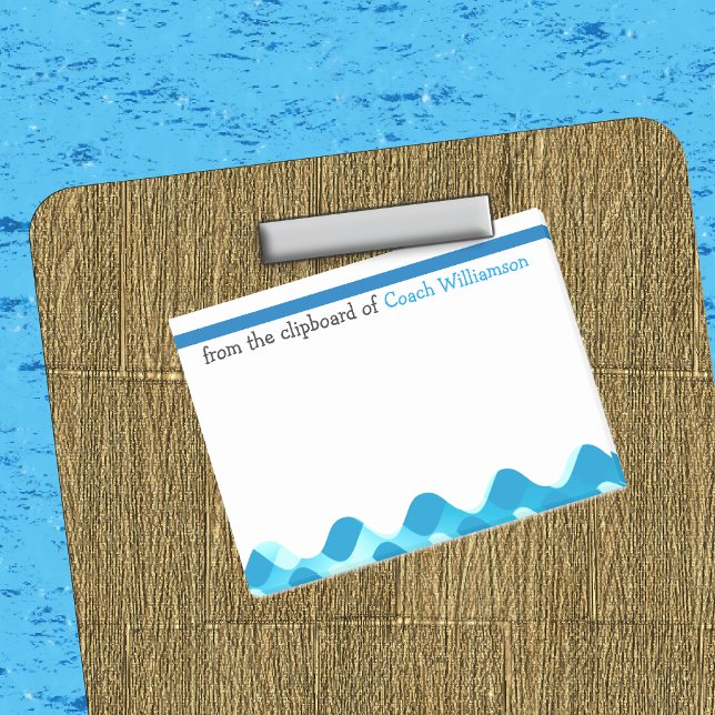 Funny SWIM COACH Personalised Post-it Notes (Swim Coach Post-it® Notes Front view In Situ on Clipboard Illustration)