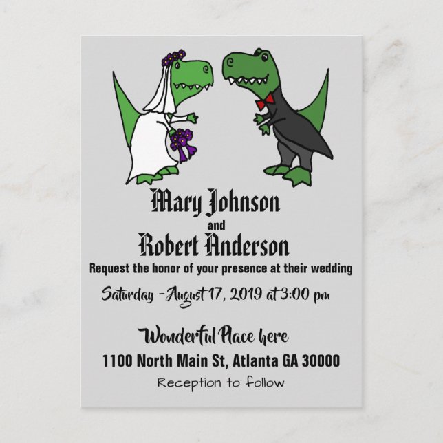 Funny T-rex Bride and Groom Wedding Invitation Postcard (Front)