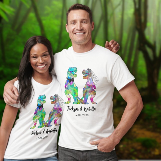 Funny T-Rex Bride & Groom Dinosaur Wedding T-Shirt (Colorful dinosaur bride and groom din wedding custom t-shirt )