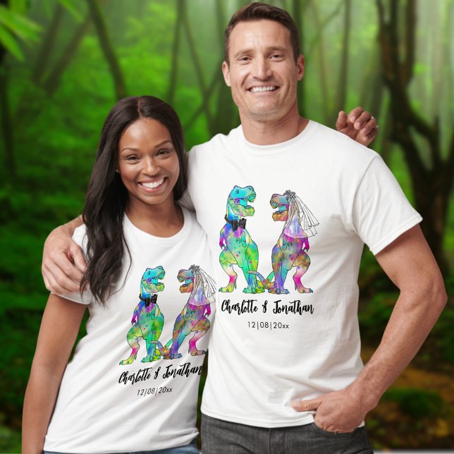 Funny T-Rex Bride & Groom Dinosaur Wedding T-Shirt (Dinosaur wedding T-Rex bride and groom tshirts colorful Jurassic dino watercolor )
