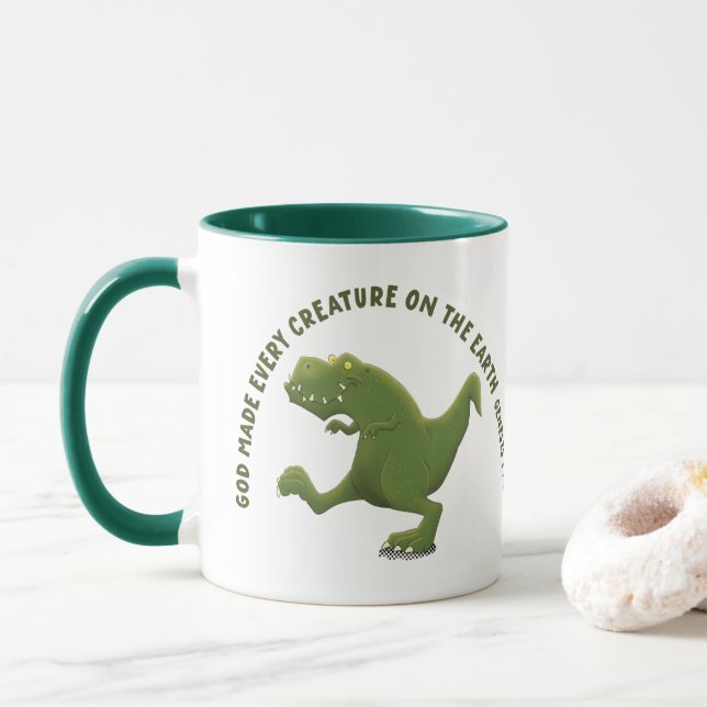 Funny T rex cartoon God made every creature Mug (With Donut)