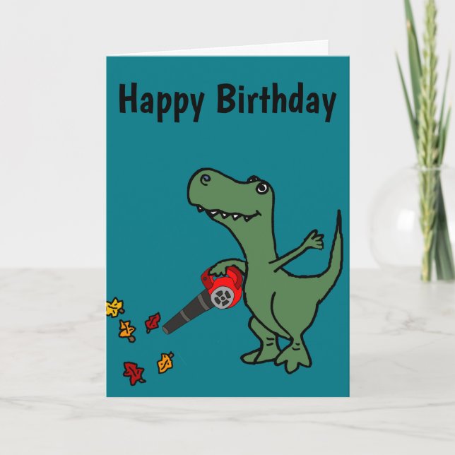 Funny T-rex Dinosaur Blowing Leaves Card (Front)