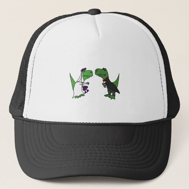 Funny T-rex Dinosaur Bride and Groom Wedding Art Trucker Hat (Front)