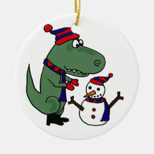 Funny T-Rex Dinosaur Building Snowman Ceramic Tree Decoration
