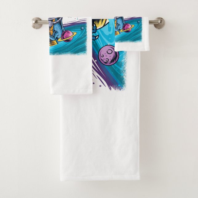 Funny T-Rex Dinosaur in Space Bath Towel Set (Insitu)