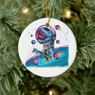 Funny T-Rex Dinosaur in Space Ceramic Ornament