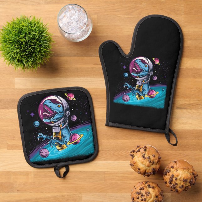 Funny T-Rex Dinosaur in Space Oven Mitt & Pot Holder Set (Top Down)