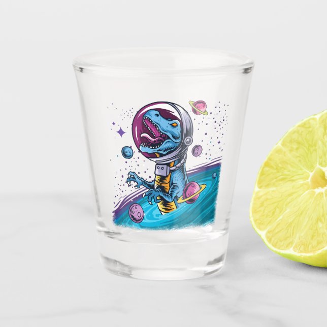 Funny T-Rex Dinosaur in Space Shot Glass (Front)