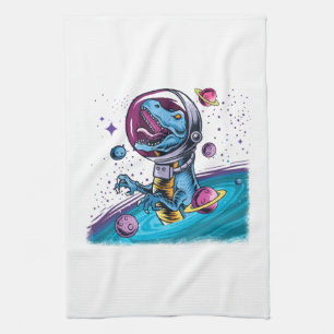 Funny T-Rex Dinosaur in Space Tea Towel
