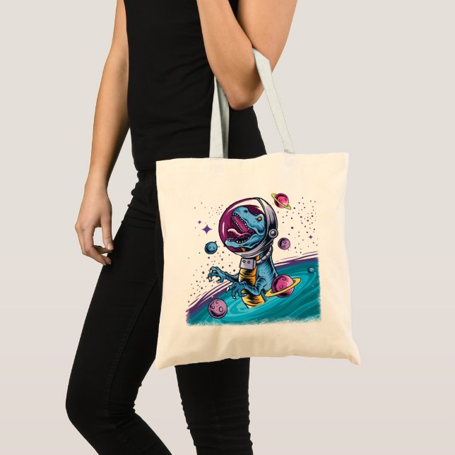 Funny T-Rex Dinosaur in Space Tote Bag (Front (Product))