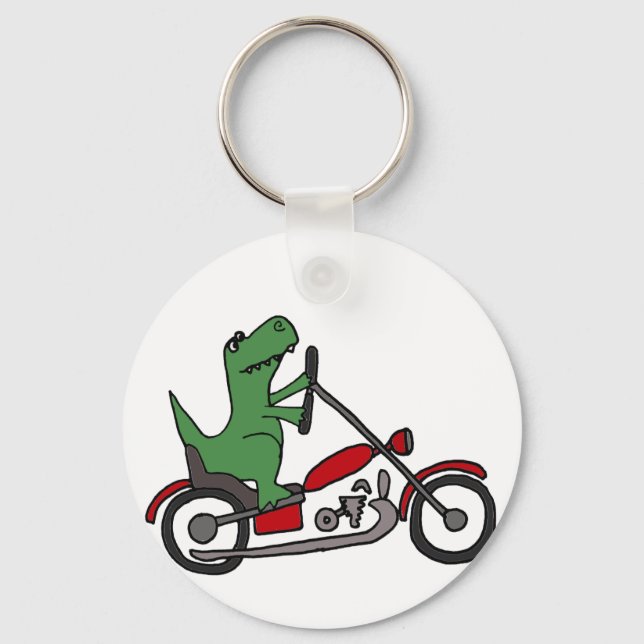 Funny T-rex Dinosaur on Red Motorcycle Key Ring (Front)