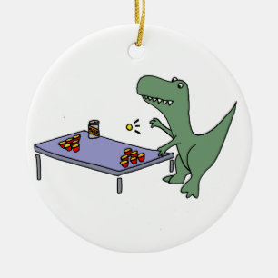 Funny T-Rex Dinosaur Playing Beer Pong Ceramic Ornament