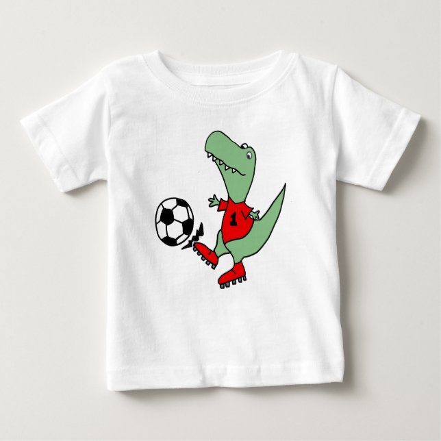 Funny T-rex Dinosaur Playing Soccer Baby T-Shirt (Front)