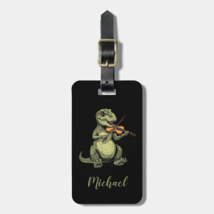 Funny T-Rex Dinosaur Playing Violin Black White Luggage Tag