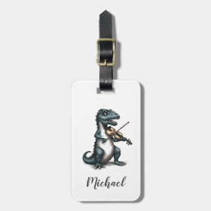 Funny T-Rex Dinosaur Playing Violin Black White Luggage Tag