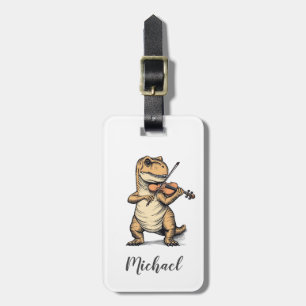 Funny T-Rex Dinosaur Playing Violin Black White Luggage Tag