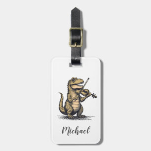 Funny T-Rex Dinosaur Playing Violin Black White Luggage Tag