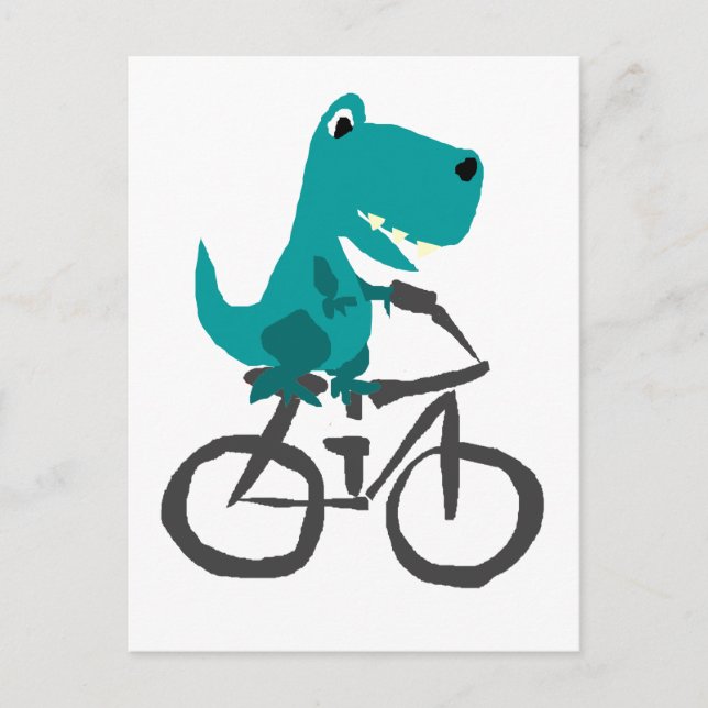 Funny T-rex Dinosaur Riding Bicycle Cartoon Postcard (Front)