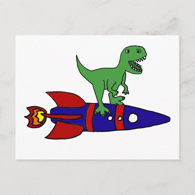 Funny T-Rex Dinosaur Riding Rocketship Cartoon Postcard (Front)