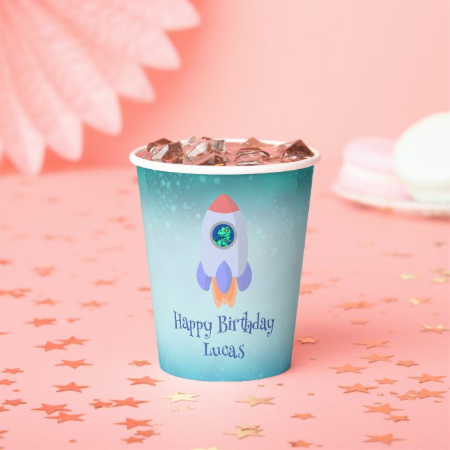 Funny T-rex dinosaur rocket School kid Birthday  Paper Cups (Insitu)