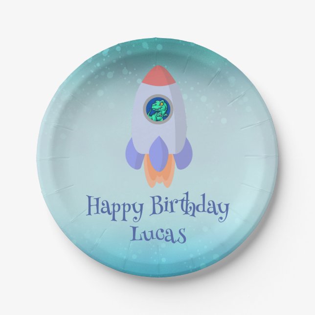 Funny T-rex dinosaur rocket School kid Birthday  Paper Plate (Front)
