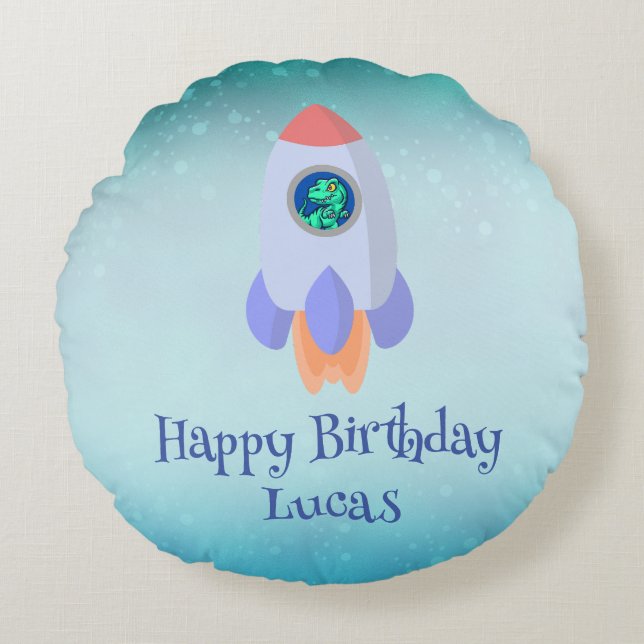 Funny T-rex dinosaur rocket School kid Birthday  Round Cushion (Front)