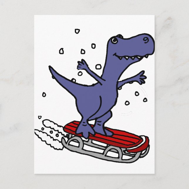 Funny T-rex Dinosaur Sledding Cartoon Postcard (Front)