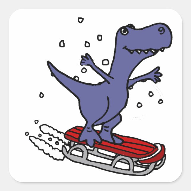 Funny T-rex Dinosaur Sledding Cartoon Square Sticker (Front)