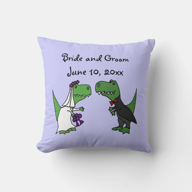 Funny T-rex Dinosaurs Bride and Groom Wedding Art Cushion (Front)