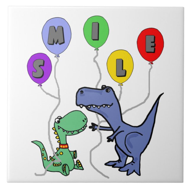 Funny T-rex Dinosaurs holding Smile Balloons Ceramic Tile (Front)