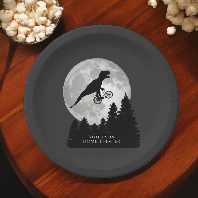 Funny T-Rex Flying on Bicycle and Full Moon Paper Plate (Creator Uploaded)
