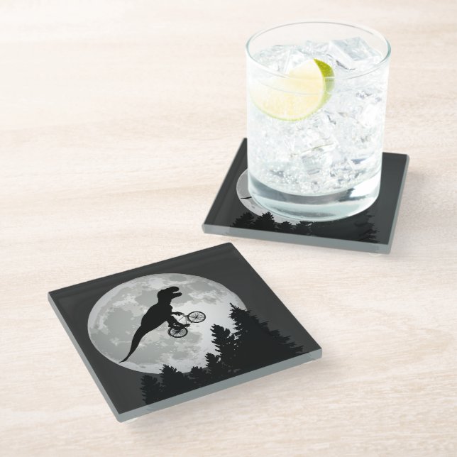 Funny T-Rex Flying on Bicycle with Full Moon Glass Coaster (Angled)