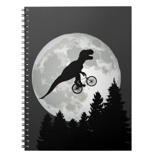 Funny T-Rex Flying on Bicycle with Full Moon Notebook (Front)
