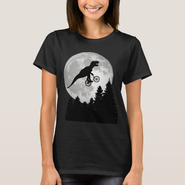 Funny T-Rex Flying on Bicycle with Full Moon T-Shirt (Front)