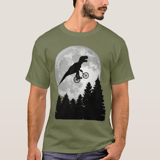 Funny T-Rex Flying on Bicycle with Full Moon T-Shirt (Front)
