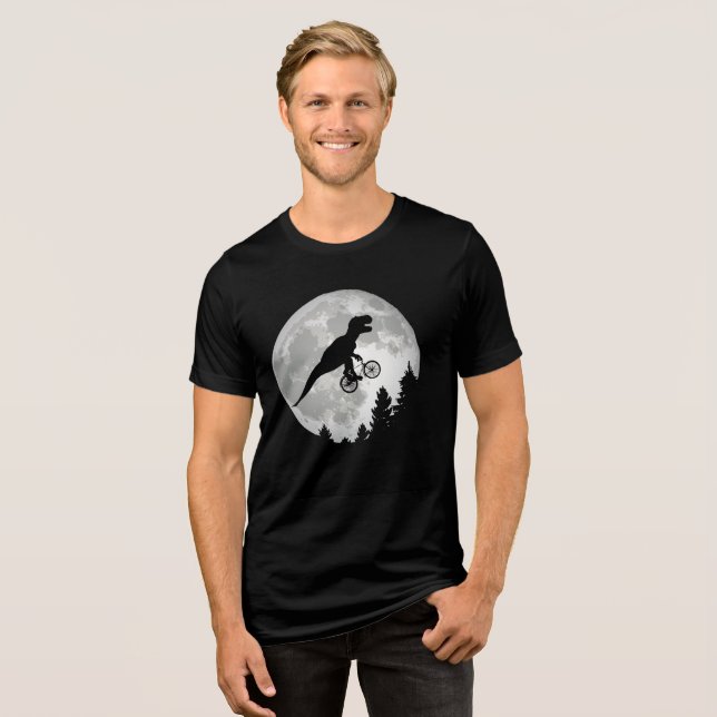 Funny T-Rex Flying on Bicycle with Full Moon Tri-Blend Shirt (Front Full)