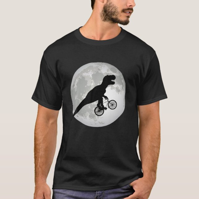 Funny T Rex Riding Bike With Full Moon Silhouette T-Shirt (Front)