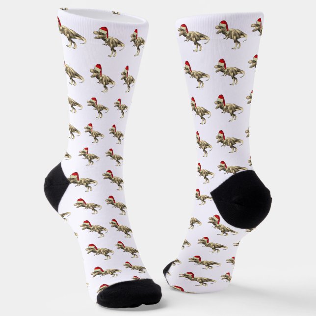 Funny T-Rex Santa Dinosaur Christmas Socks (Angled)