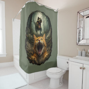 Funny T-Rex & Screaming Cat Meme Shower Curtain